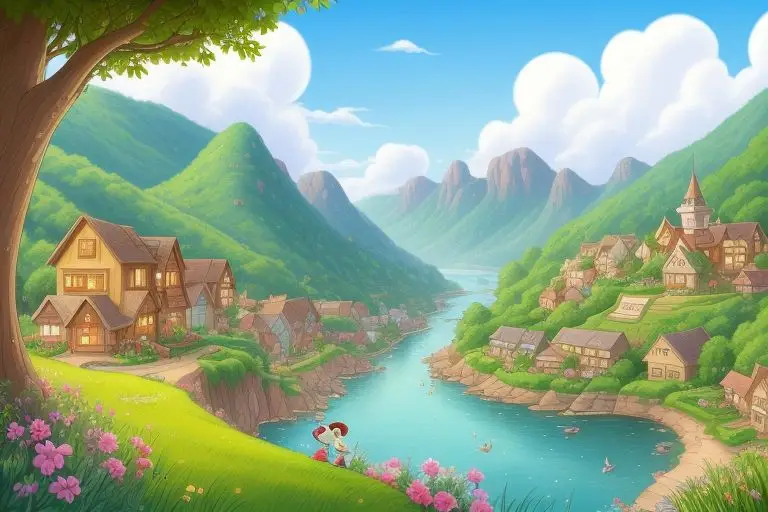 The idyllic lush green village of Misty Ridge visited by Elementary Man, the hero of our short detective stories for children